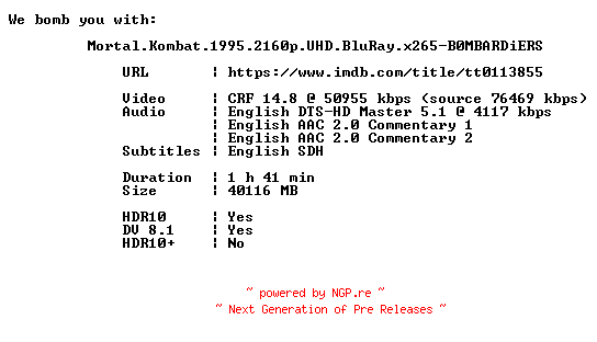 NFO for the release Mortal.Kombat.1995.2160p.UHD.BluRay.x265-B0MBARDiERS by B0MBARDiERS