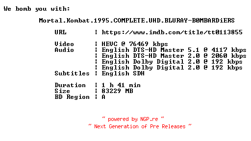 NFO for the release Mortal.Kombat.1995.COMPLETE.UHD.BLURAY-B0MBARDiERS by B0MBARDiERS