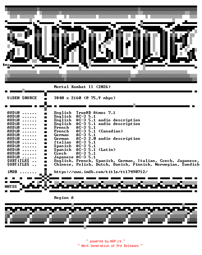 NFO for the release Mortal.Kombat.II.2026.COMPLETE.UHD.BLURAY-SURCODE by SURCODE