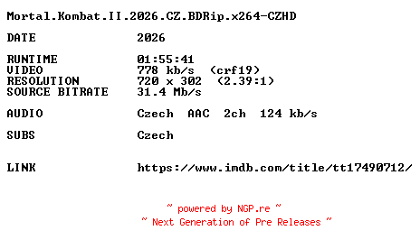 NFO for the release Mortal.Kombat.II.2026.CZ.BDRip.x264-CZHD by CZHD