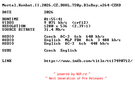 NFO for the release Mortal.Kombat.II.2026.CZ.DUAL.720p.BluRay.x264-CZHD by CZHD