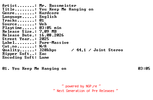 NFO for the release Mr_Bassmeister-You_Keep_Me_Hanging_on-SINGLE-WEB-2025-XTC_iNT by XTC_iNT