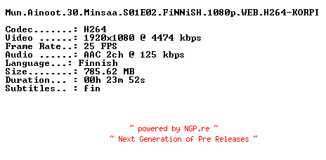 NFO for the release Mun.Ainoot.30.Minsaa.S01E02.FiNNiSH.1080p.WEB.H264-KORPI by KORPI