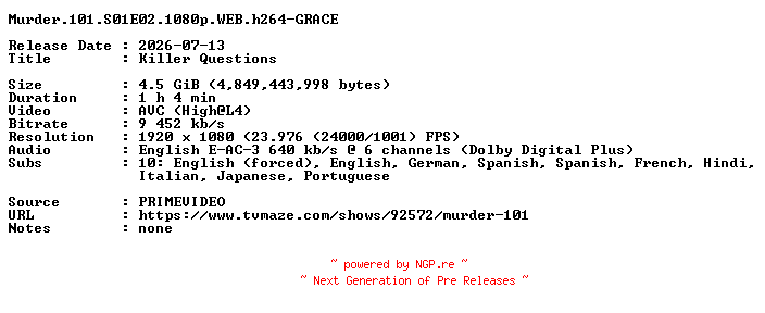 NFO for the release Murder.101.S01E02.1080p.WEB.h264-GRACE by GRACE