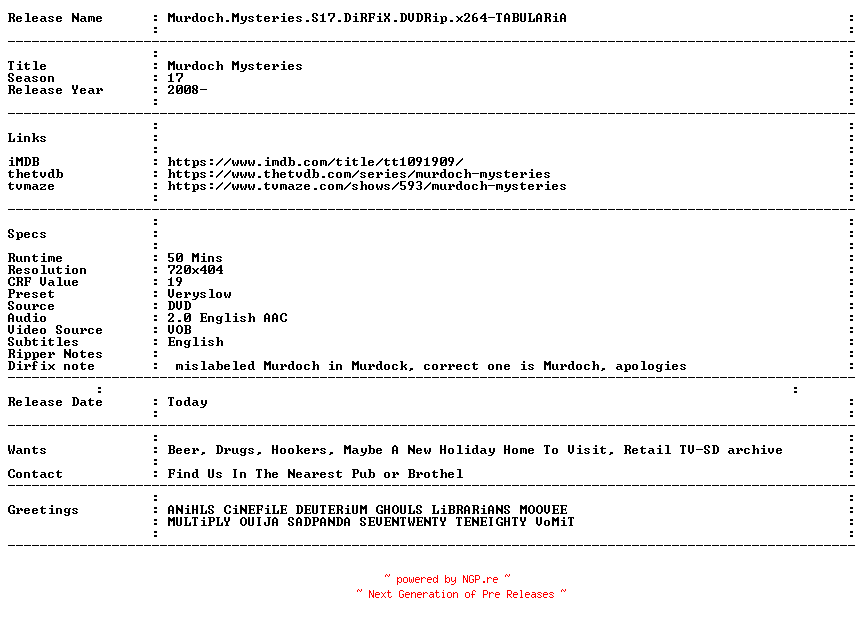 NFO for the release Murdoch.Mysteries.S17.DiRFiX.DVDRip.x264-TABULARiA by TABULARiA