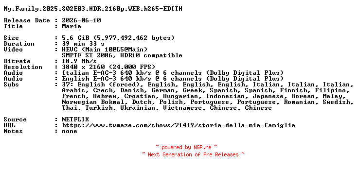 NFO for the release My.Family.2025.S02E03.HDR.2160p.WEB.h265-EDITH by EDITH