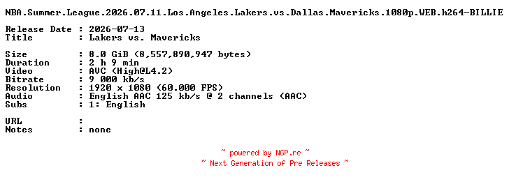 NFO for the release NBA.Summer.League.2026.07.11.Los.Angeles.Lakers.vs.Dallas.Mavericks.1080p.WEB.h264-BILLIE by BILLIE