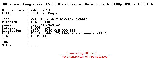 NFO for the release NBA.Summer.League.2026.07.11.Miami.Heat.vs.Orlando.Magic.1080p.WEB.h264-BILLIE by BILLIE