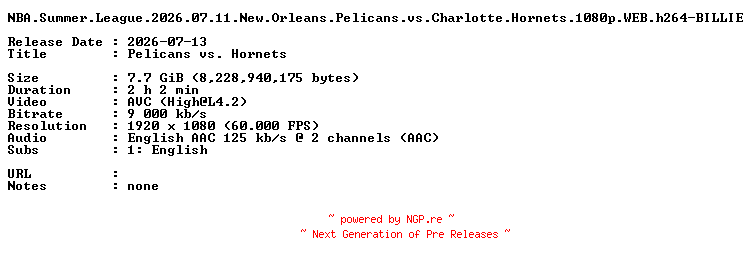 NFO for the release NBA.Summer.League.2026.07.11.New.Orleans.Pelicans.vs.Charlotte.Hornets.1080p.WEB.h264-BILLIE by BILLIE