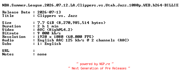 NFO for the release NBA.Summer.League.2026.07.12.LA.Clippers.vs.Utah.Jazz.1080p.WEB.h264-BILLIE by BILLIE
