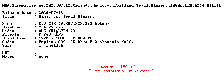 NFO for the release NBA.Summer.League.2026.07.12.Orlando.Magic.vs.Portland.Trail.Blazers.1080p.WEB.h264-BILLIE by BILLIE