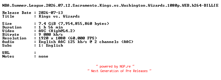 NFO for the release NBA.Summer.League.2026.07.12.Sacramento.Kings.vs.Washington.Wizards.1080p.WEB.h264-BILLIE by BILLIE