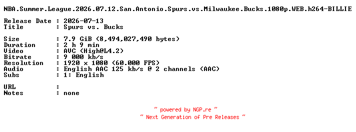 NFO for the release NBA.Summer.League.2026.07.12.San.Antonio.Spurs.vs.Milwaukee.Bucks.1080p.WEB.h264-BILLIE by BILLIE