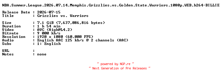 NFO for the release NBA.Summer.League.2026.07.14.Memphis.Grizzlies.vs.Golden.State.Warriors.1080p.WEB.h264-BILLIE by BILLIE