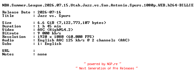 NFO for the release NBA.Summer.League.2026.07.15.Utah.Jazz.vs.San.Antonio.Spurs.1080p.WEB.h264-BILLIE by BILLIE