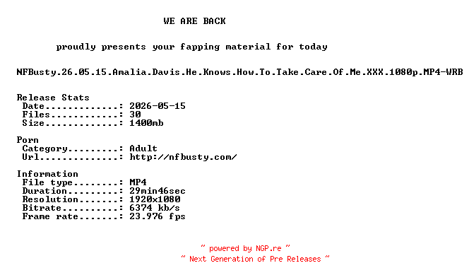 NFO for the release NFBusty.26.05.15.Amalia.Davis.He.Knows.How.To.Take.Care.Of.Me.XXX.1080p.MP4-WRB by WRB