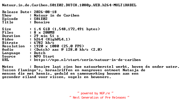 NFO for the release Natuur.in.de.Cariben.S01E02.DUTCH.1080p.WEB.h264-MULTiKABEL by MULTiKABEL
