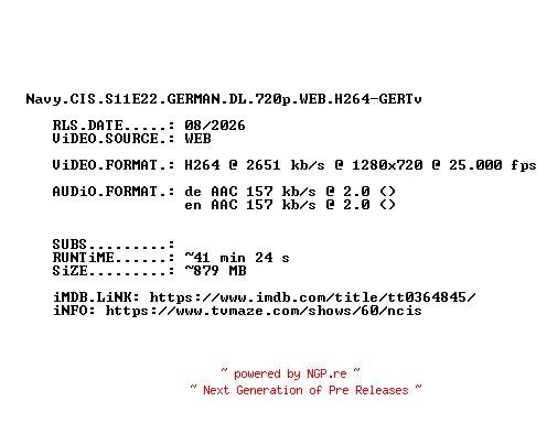 NFO for the release Navy.CIS.S11E22.GERMAN.DL.720p.WEB.H264-GERTv by GERTv