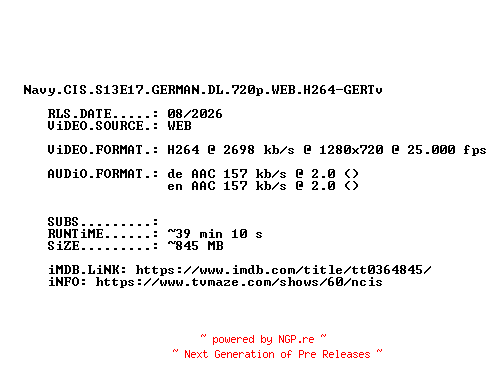 NFO for the release Navy.CIS.S13E17.GERMAN.DL.720p.WEB.H264-GERTv by GERTv