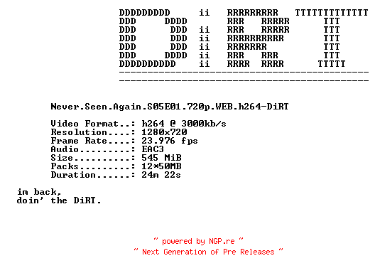 NFO for the release Never.Seen.Again.S05E01.720p.WEB.h264-DiRT by DiRT