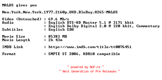 NFO for the release New.York.New.York.1977.2160p.UHD.BluRay.H265-MALUS by MALUS