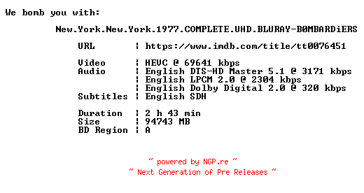 NFO for the release New.York.New.York.1977.COMPLETE.UHD.BLURAY-B0MBARDiERS by B0MBARDiERS