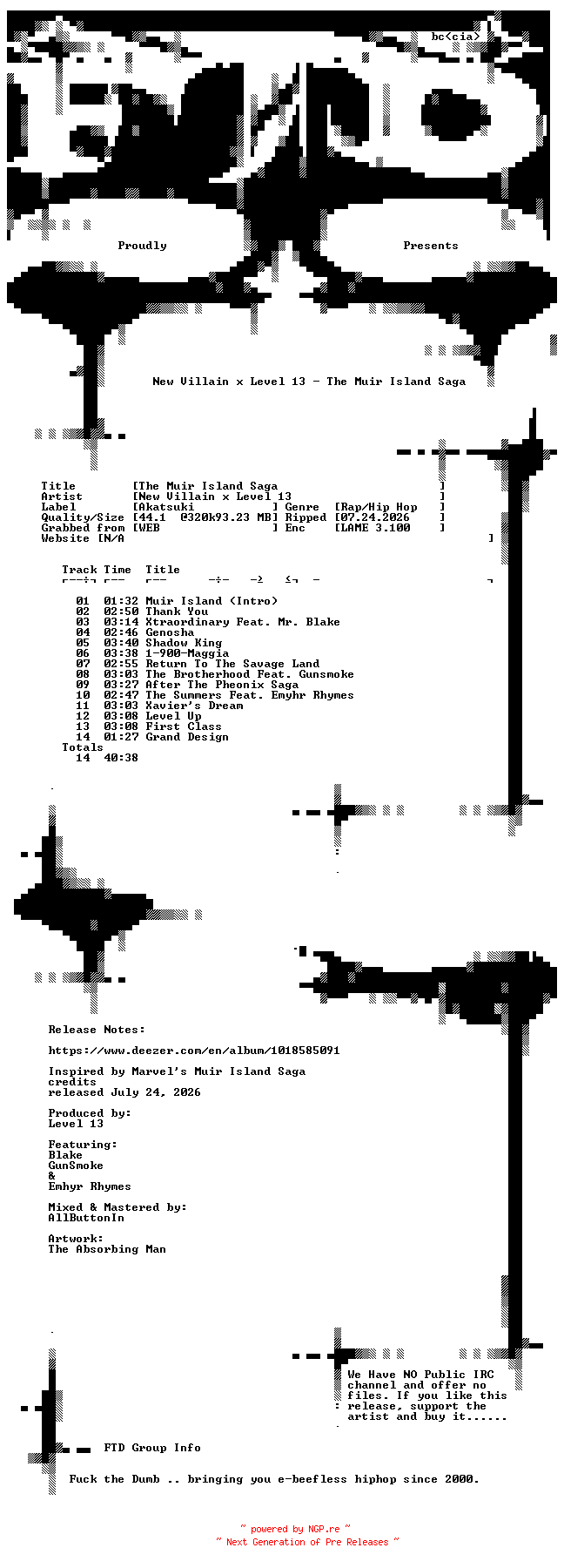NFO for the release New_Villain_x_Level_13-The_Muir_Island_Saga-WEB-2026-FTD by FTD