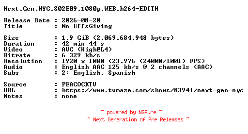 NFO for the release Next.Gen.NYC.S02E09.1080p.WEB.h264-EDITH by EDITH
