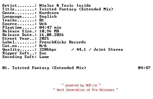 NFO for the release Nielos_and_Toxic_Inside-Twisted_Fantasy_(Extended_Mix)-SINGLE-WEB-2025-XTC_iNT by XTC_iNT