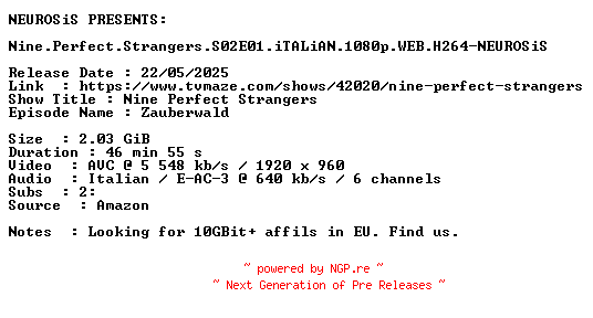 NFO for the release Nine.Perfect.Strangers.S02E01.iTALiAN.1080p.WEB.H264-NEUROSiS by NEUROSiS
