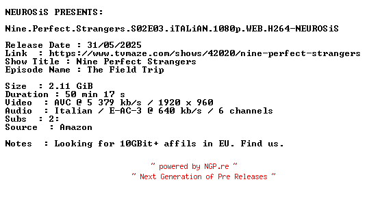 NFO for the release Nine.Perfect.Strangers.S02E03.iTALiAN.1080p.WEB.H264-NEUROSiS by NEUROSiS