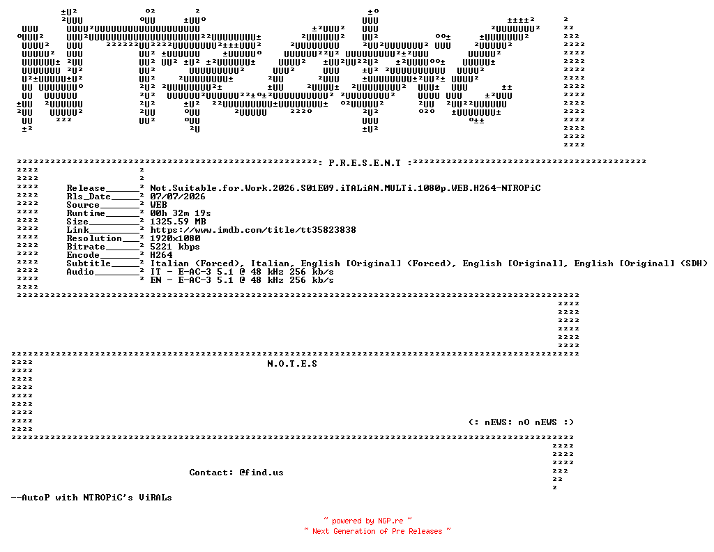 NFO for the release Not.Suitable.for.Work.2026.S01E09.iTALiAN.MULTi.1080p.WEB.H264-NTROPiC by NTROPiC