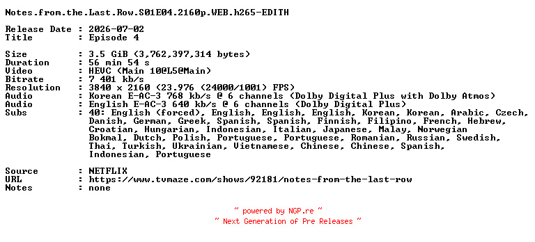 NFO for the release Notes.from.the.Last.Row.S01E04.2160p.WEB.h265-EDITH by EDITH
