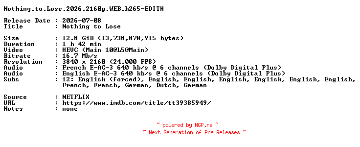 NFO for the release Nothing.to.Lose.2026.2160p.WEB.h265-EDITH by EDITH
