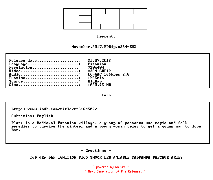 NFO for the release November.2017.BDRip.x264-EMX by EMX