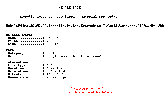 NFO for the release NubileFilms.26.05.25.Isabella.De.Laa.Everything.I.Could.Want.XXX.2160p.MP4-WRB by WRB