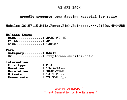 NFO for the release Nubiles.26.07.15.Mila.Rouge.Pink.Princess.XXX.2160p.MP4-WRB by WRB