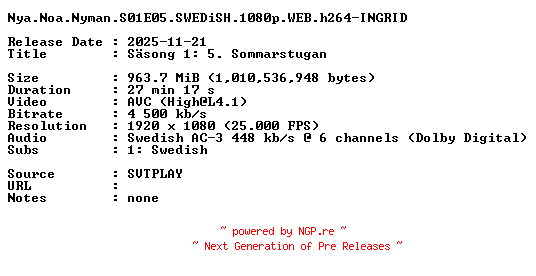 NFO for the release Nya.Noa.Nyman.S01E05.SWEDiSH.1080p.WEB.h264-INGRID by INGRID
