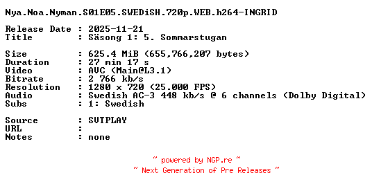 NFO for the release Nya.Noa.Nyman.S01E05.SWEDiSH.720p.WEB.h264-INGRID by INGRID