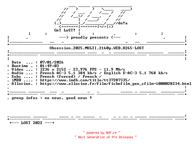 NFO for the release Obsession.2025.MULTI.2160p.WEB.H265-LOST by LOST