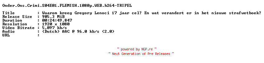 NFO for the release Onder.Ons.Crimi.S04E01.FLEMISH.1080p.WEB.h264-TRIPEL by TRIPEL