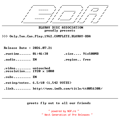 NFO for the release Only.Two.Can.Play.1962.COMPLETE.BLURAY-BDA by BDA
