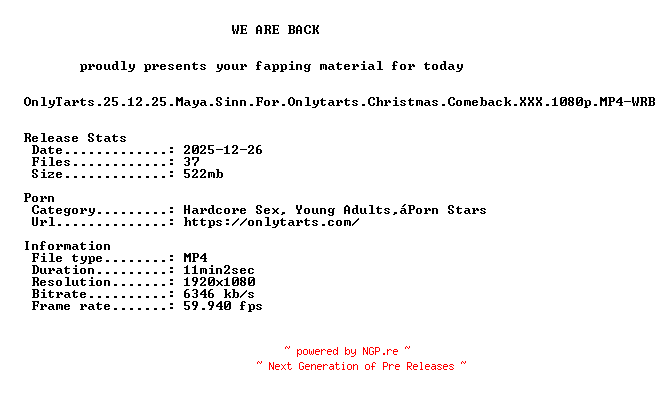 NFO for the release OnlyTarts.25.12.25.Maya.Sinn.For.Onlytarts.Christmas.Comeback.XXX.1080p.MP4-WRB by WRB
