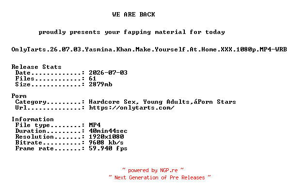 NFO for the release OnlyTarts.26.07.03.Yasmina.Khan.Make.Yourself.At.Home.XXX.1080p.MP4-WRB by WRB