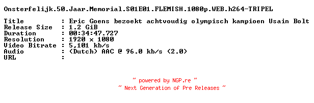 NFO for the release Onsterfelijk.50.Jaar.Memorial.S01E01.FLEMISH.1080p.WEB.h264-TRIPEL by TRIPEL
