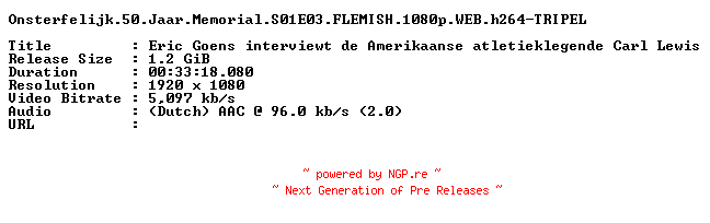 NFO for the release Onsterfelijk.50.Jaar.Memorial.S01E03.FLEMISH.1080p.WEB.h264-TRIPEL by TRIPEL