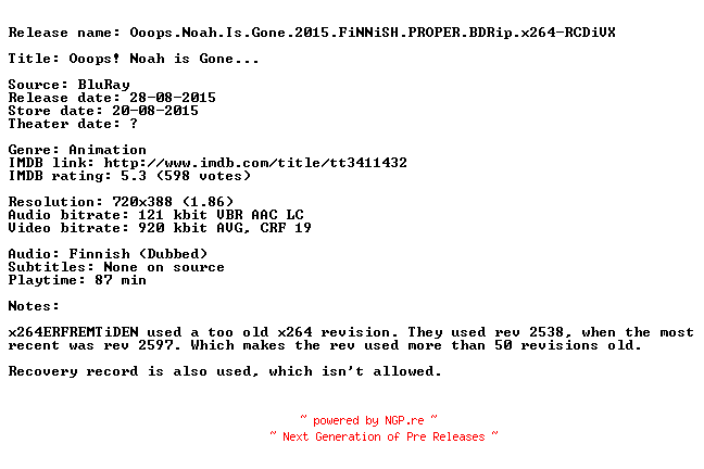 NFO for the release Ooops.Noah.Is.Gone.2015.FiNNiSH.PROPER.BDRip.x264-RCDiVX by RCDiVX