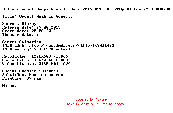 NFO for the release Ooops.Noah.Is.Gone.2015.SWEDiSH.720p.BluRay.x264-RCDiVX by RCDiVX
