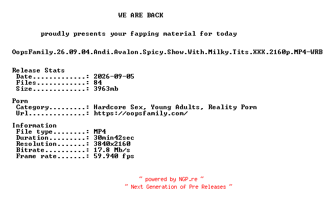 NFO for the release OopsFamily.26.09.04.Andi.Avalon.Spicy.Show.With.Milky.Tits.XXX.2160p.MP4-WRB by WRB