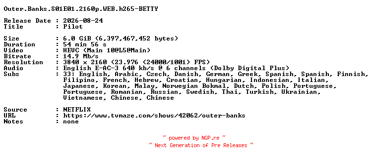 NFO for the release Outer.Banks.S01E01.2160p.WEB.h265-BETTY by BETTY